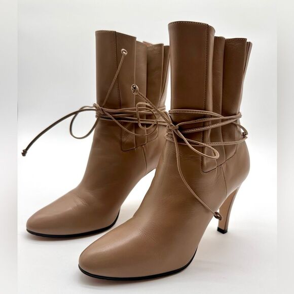 Gucci Indya Tie Ankle Boots Leather High Heel Pleated Bootie in Mud EU 37 US 7 - Picture 7 of 10